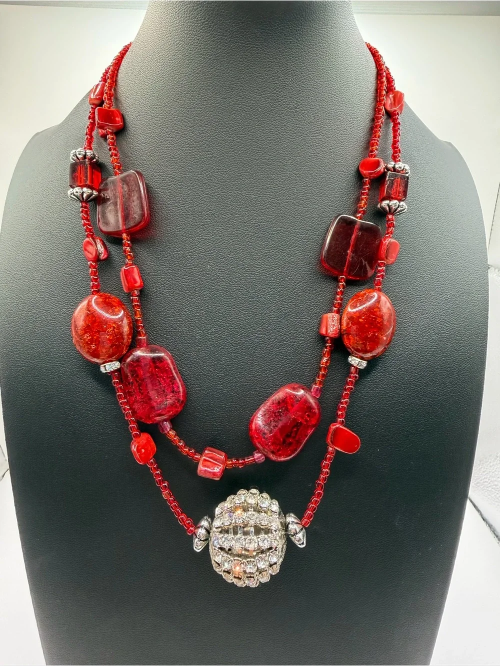 Elegant Red Beaded Two-Strand Necklace with Crystal Ball Silver Accent